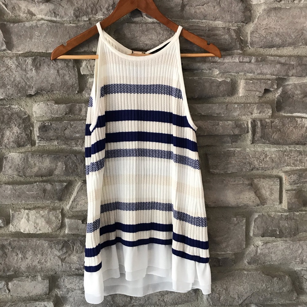 WHBM Size S Blue/White/Cream Stripe Sweater Shell with Faux Layering Detail